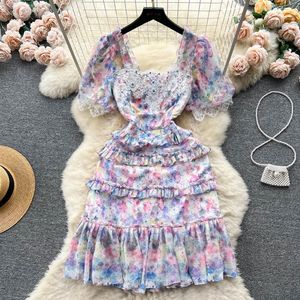 Casual Dresses Runway Holiday Summer Mesh Cake Dress Women's Puff Sleeve Square Collar Embroidery Beading Lace Trims Mini Ves222e