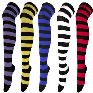 Women Over Knee Thigh High Stockings Blue Black Striped Long Socks Halloween Anime Panty Stocking with Garterbelt Cosplay Props