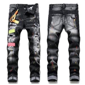 Mężczyzn Rips Rips Elastyczne czarne dżinsy moda Slim Fit Unane motocyklowe spodnie dżinsowe spodnie męskie panele hip -hopowe dla mężczyzn 1073355