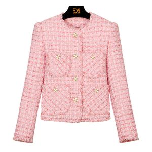 2023 Autumn Pink Solid Color Jacket långärmad rund hals tweed-knappar enkelbröst jackor kappa korta outwear d3s152855