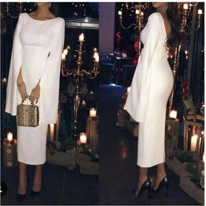 Unique Design White Satin Evening Dresses with Cape Tea Length Short Backless Formal Evening Gown Cocktail Prom Party Dress315x
