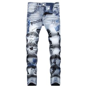 Homens Slim Fit Stretch Jeans 3D Impresso Bordado Destruído Skinny Straight Leg Lavado Desfiado Motocicleta Calças Jeans Hip Hop Biker M260E