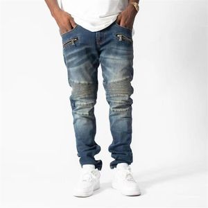 Ny ankomst Mens Designer Zipper Jeans Handväska Rippad Knä Vintage Style Hole Fashion Jeans Slim Motorcykel Biker Causal H201F