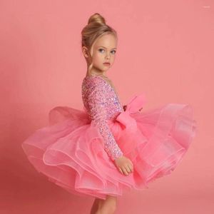 Girl Dresses Elegant Pink Flower Fluffy Knee Length Princess Dress Children Layer Lush Birthday First Communion Wedding Evening