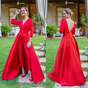 Red Jumpsuit Evening Party Formal Occasion Dresses 3 4 Long Sleeves Prom Gowns with Detachable Train Vestidos259N