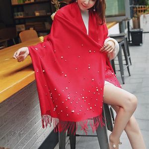 Scarves 2023 Winter Cashmere Scarf With Pearls Women's Tassels Wraps And Shawls Long Muslim Hijab Foulard Femme Beading Wool P223C