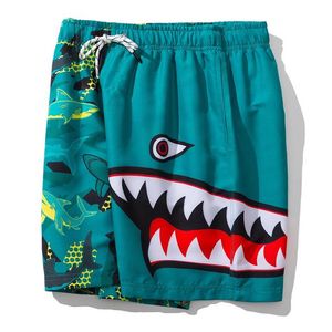 Calções de praia masculinos moda grandes tubarões padrão calças curtas hiphop streetwear oversize graffiti bottoms290k