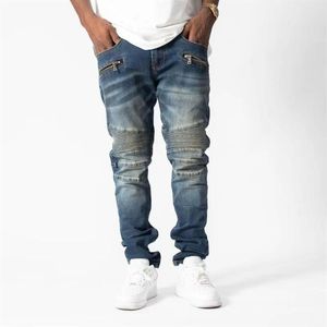 Nova chegada dos homens designer zíper jeans bolsa rasgado corte joelho estilo vintage buraco moda jeans fino motocicleta motociclista causal h250s