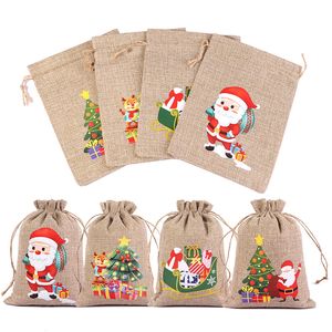 Jullinnan Burlap Drawstring Bag Santa Claus Snowman Elk Presentförpackningar