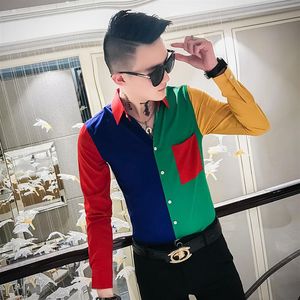 Koszule męskie jesień mody patchwork kolorowa koszula męskie ubrania 2019 Slim Fit Long Rleeve Tuxedo Shirt Sukienka