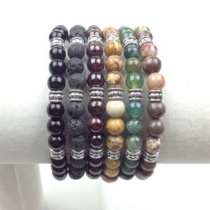 SN0619 İnsan Yoga Bilezik 6mm Lava Jasper Hindistan Agate Onyx Garnet Nutural Taş Bilezik Şans Takı Kılavuzu Denge Bilezik171m