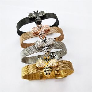 4PCS New Fashion Bee Inspired Jewelry bangle Bumble Bee Bead watch belt CZ Micro Pave insect Charm Bead Bracelet BG240246N