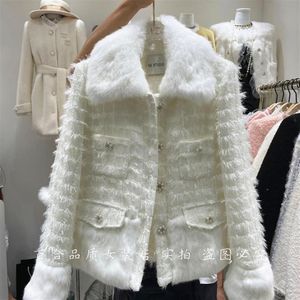 패션 디자인 여성의 우아한 토끼 모피 칼라 패치 워크 트위드 모직 술 프린지 면적 패드 두꺼운 재킷 코트 sm171f