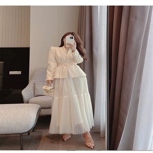 Two Piece Dress Runway Autumn New Skirt Suit Women Elegant Korean Lace-Up Fashion Blazer Long Mesh Skirt Casual Evening Party 2-296L