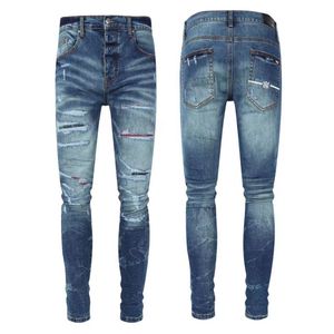 Skinny Fit Jeans For Man Stitching Detail Rip Stretch Denim Trousers