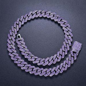 15 mm mrożony kubański link łańcuch 2 rzędowy fioletowy cz diamentowy sześcien cyrkonia biżuteria 16 cali 24 cali naszyjnik choker246s