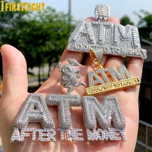 Подвески Iced Out Bling Letters ATM Подвески Ожерелья Серебряного цвета Прямоугольник CZ Циркон После денег Подвеска Мужские украшения в стиле хип-хоп 230915