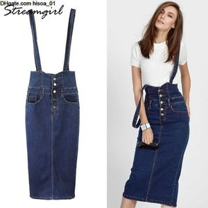 Lange hete verkoop denim rok met bandjes dames knop jeans rokken plus maat hoge taille rok