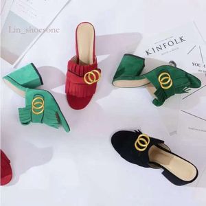Classic Designer Women Half Slippers Cowhide 100% Leather Suede Thick Heels Metal Slides Woman Shoe Beach Lazy Sandals High Heeled