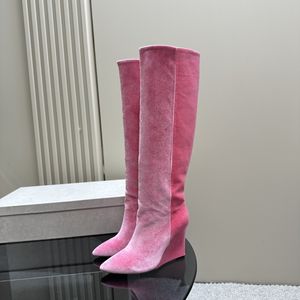 Alta qualidade nova moda outono e inverno veludo dedo do pé apontado salto alto fino botas de cavaleiro para aumentar a altura botas femininas szie35-40