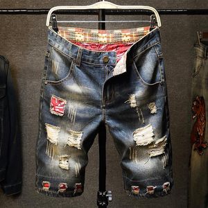 Verão streetwear homens rasgados jeans curto moda bermuda masculino vintage buracos destruído em linha reta denim shorts men's258m