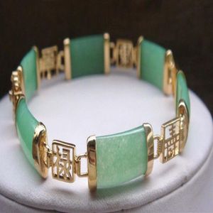 Pulseira bonita natural de jade verde com pedras preciosas banhada a ouro Fortune Lucky Link2537