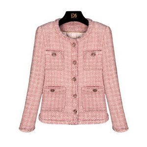 2023 outono rosa cor sólida contraste guarnição jaqueta manga longa em torno do pescoço tweed botões único breasted jaquetas casaco curto outwear d3s158153