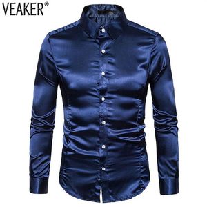 Erkekler ipek saten parti gömlekleri erkek ince fit uzun kollu düz renk parlak gece kulübü düğün gömlek 10 renk S-2xl Casual255o