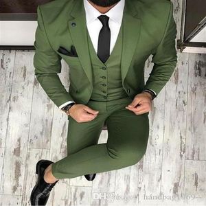 Latest Design Two Buttons Olive Green Groom Tuxedos Notch Lapel Groomsmen Mens Wedding Suits 3 Pieces Blazer Jacket Pants Vest Ti2796