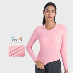 L018 Camicia a maniche lunghe Slim Fit Top da yoga Vita laterale Pieghe elastiche Felpa T-shirt a costine Maglietta fitness elasticizzata per la pelle Top sportivo da donna