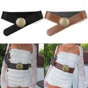 Pasy okrągłe dysk vintage Y2K Cowboy Hollow Belt Metal Bluckle Pu szeroka dla kobiet