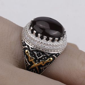 Klusterringar 925 Sterling Silver Agate Ring Dark Brown Big Stone med CZ Double Kill Finger för manliga fina smycken