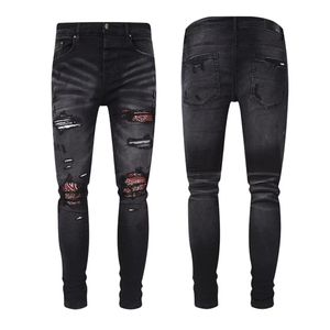 Män plus storlek 38 svarta jeans lappar elastisk bomullsskinn passform