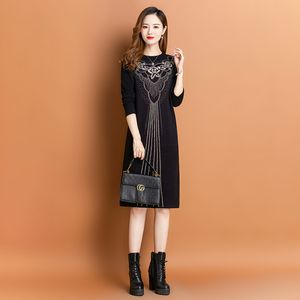 Outono inverno floral preto suéteres vestido de manga longa fino fino elegante férias de malha jumper vestidos 2023 mulheres designer macio festa quente doce chique midi vestidos