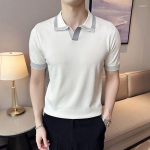 Herren-Polohemd, modisch, Patchwork, atmungsaktiv, Poloshirt, Herren-Strick, Umlegekragen, kurze Ärmel, schlanke Tops, Herrenkleidung, Sommer, lässig, Strick-T-Shirt