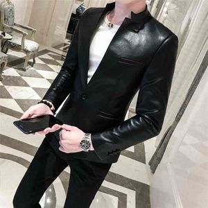 Solid Black Slim Fit Blazer Hombre Pu Leather Jacket Men One Button Business Com Blazers For Korean Suit Coat 210904247J