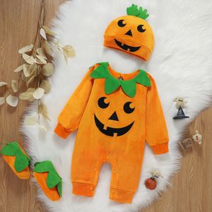 Strampler Halloween-Kostüm Born Pumpkin Strampler Hut Socken Set Babykleidung Kostüm Baby Mädchen Junge niedlicher Kürbis-Overall 230915