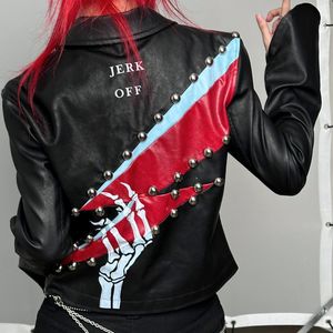 Kvinnor jackor Rock and Roll Leather Jackets Heavy Industry Printed Rivet Cut Panel Contrast Flare Sleeve Goth Jacket Women 230915