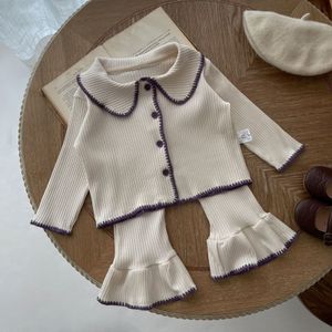Kläderuppsättningar 7 7 Baby Set 2023 Autumn Infant Shell Stick Split Suit Contrast Cardigan Bell Bottoms Casual Girl S Two Piece 230915