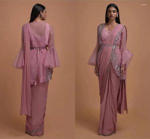 Party Dresses Thulian Pink Ready Pleated Saree toppad med organzajacka med klocka ärmar 2023 Bling Evening Prom