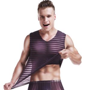 Men's Tank Tops Men Sexy Male Sex Underwear Stripe See Through Gay Clothing Mesh Shirts Man Clothes Undershirts Vest251i