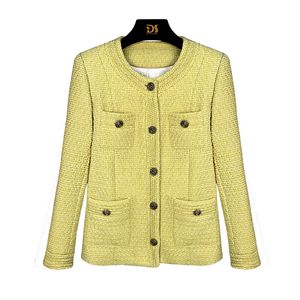 2023 Autunno giallo tinta unita contrasto finiture giacca manica lunga girocollo bottoni in tweed giacche monopetto cappotto corto outwear D3S158151