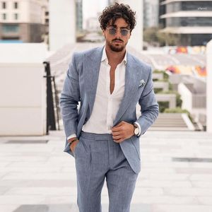 Abiti da uomo Lino estivo Blu cielo Matrimonio per uomo Slim Fit Cena formale Festa Abito elegante di lusso Custome Smoking di grandi dimensioni 2 pezzi