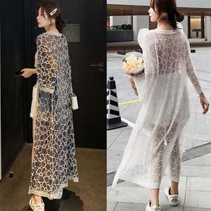 Spets maxi klänning öppen front elegant ihålig blommig långärmad semester kvinnor täcker sommar strandkläder bikini wrap lossa tunics305a