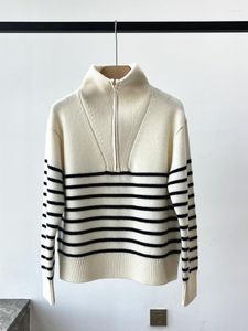 Women's Sweaters 2023 Autumn And Winter Color-blocked Striped Pullover Half Zipper Lapel Long-sleeved Thick Cashmere Women Casual Knitted