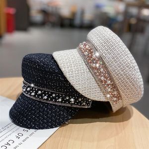 Frauen Hut Flache Kappe Militär Kappe Frühling Herbst Perle Strass Bailey Cap Einfarbig Flache Top Militär Hüte Junge Student 2946