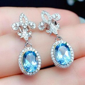 Dingle ljuskronor mode chic blå kristall akvamarin topas ädelstenar diamanter släpp örhängen för kvinnor flicka vitt guld silver c327m