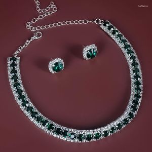 Colar brincos conjunto esmeralda luxo jóias prata artificial diamante pingente para mulheres acessórios de festa de casamento