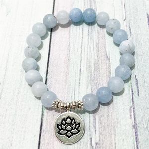 Sn0861 pulseira de calcedônia azul de alta qualidade handamde lótus feminino ohm charme pulseira de ioga meditação equilíbrio budista joias 294o