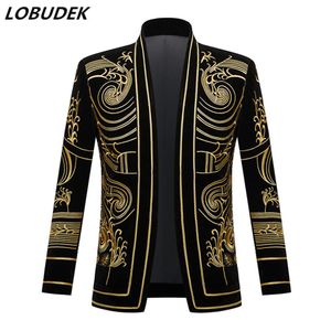 Men's Vintage Gold Embroidered Velvet Blazer England Style Plus Size Suit Jacket Singer Stage Performance Costume Bar DJ Tuxe332A